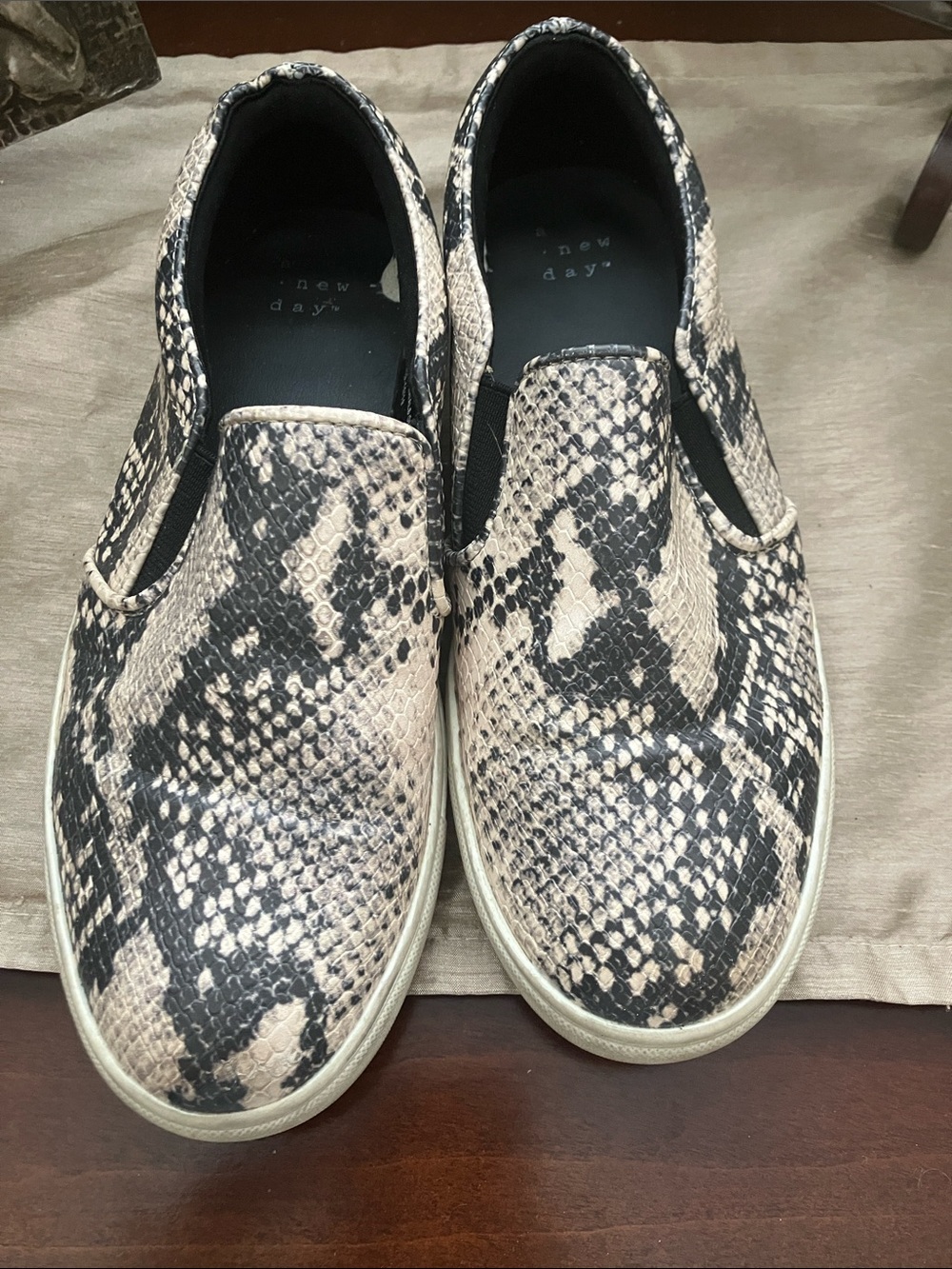 a new day Snake-Print Slip-On Sneakers — Black & Cream